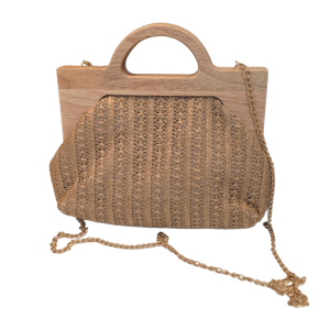 BOLSA LUXO ACABAMENTO EM MADEIRA ALÇA MEIO CÍRCULO